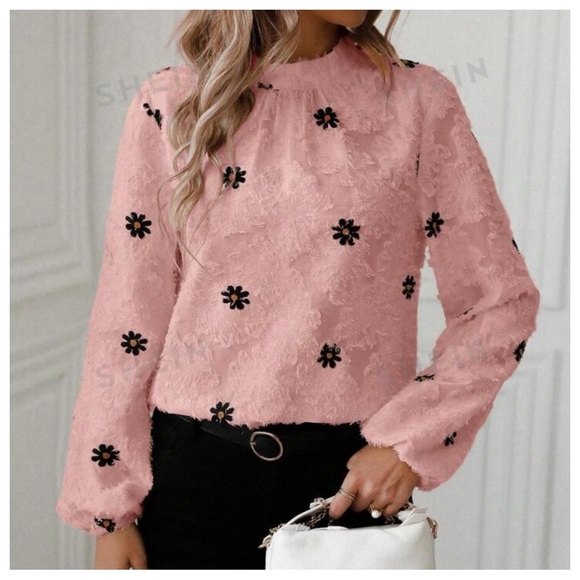 Mandarin Collar Pink Floral Embroidery Long Sleeve Shirt Sz M - Picture 5 of 6